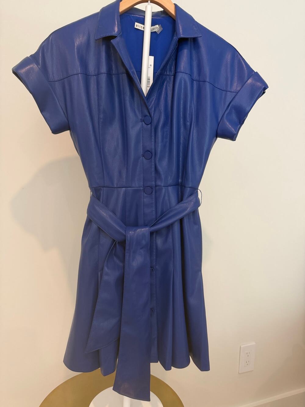 Alice + Olivia Faux Leather Belted Mini Shirtdress Royal Blue Size 0 NWT $465
